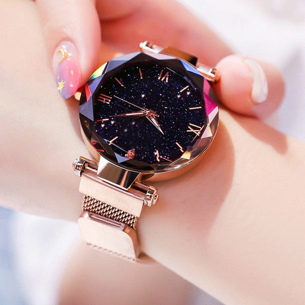 Reloj de mujer, cielo estrellado a la moda, hebilla magnética, cinturón de malla, reloj de cuarzo con diamantes.