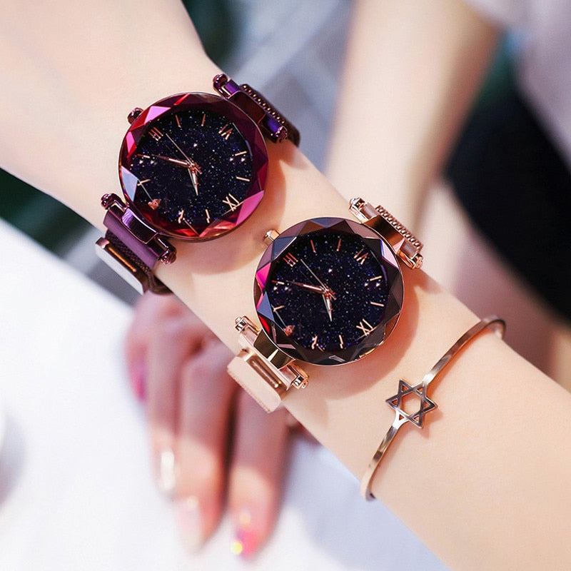 Reloj de mujer, cielo estrellado a la moda, hebilla magnética, cinturón de malla, reloj de cuarzo con diamantes.