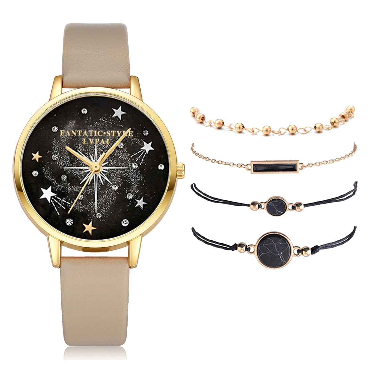 Reloj de pulsera a la moda marca Lvpai, 5 accesorios en uno, conjunto de Reloj con pulseras con diamantes de imitación de cristal para mujer.