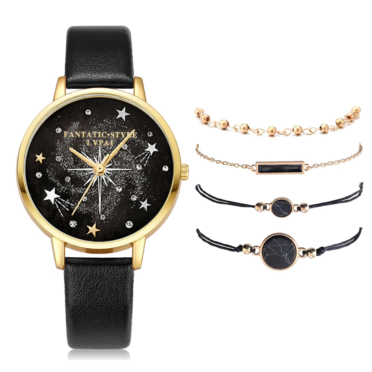 Reloj de pulsera a la moda marca Lvpai, 5 accesorios en uno, conjunto de Reloj con pulseras con diamantes de imitación de cristal para mujer.